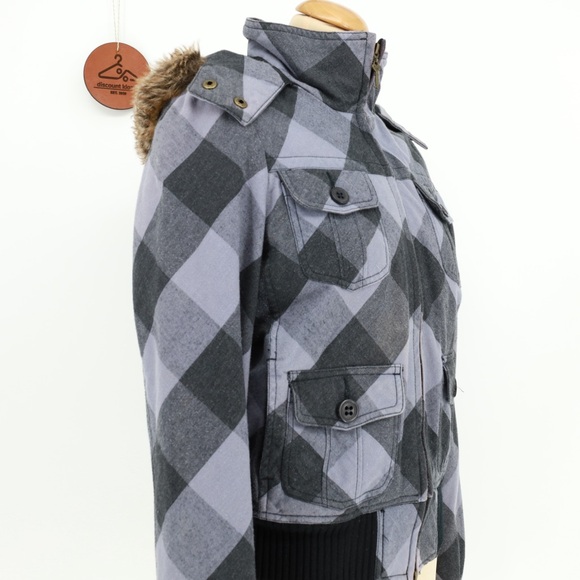 Roxy Gray Checkered Bomber Jacket Size Medium - Picture 6 of 11